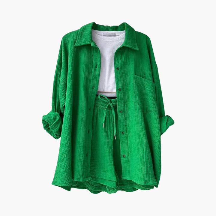 Sanne | Dames Co-ord Set Oversized Blouse Short Knoopsluiting High-waist
