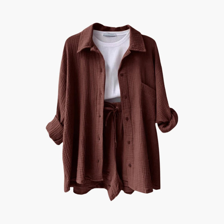 Sanne | Dames Co-ord Set Oversized Blouse Short Knoopsluiting High-waist