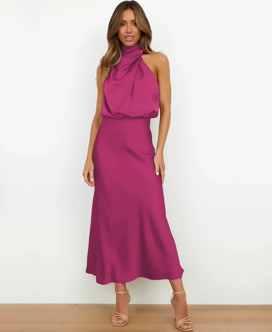Sophie | Elegante Dames Midi-jurk Satijn Halterstijl Formeel