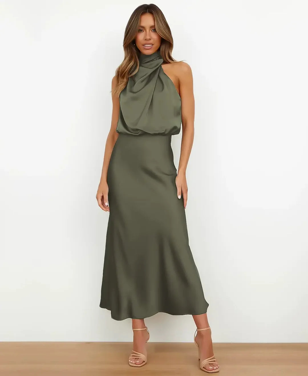 Sophie | Elegante Dames Midi-jurk Satijn Halterstijl Formeel
