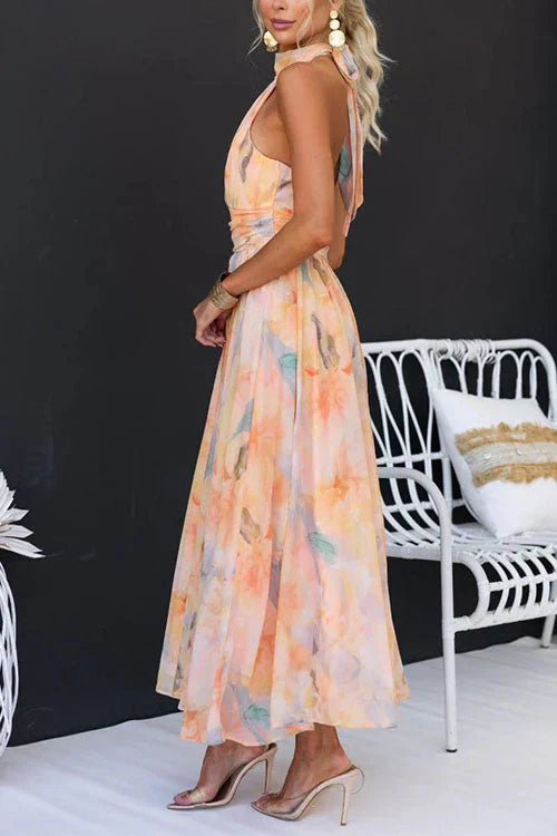 Valora | Elegante Dames Halter Maxi Jurk met Aquarelprint