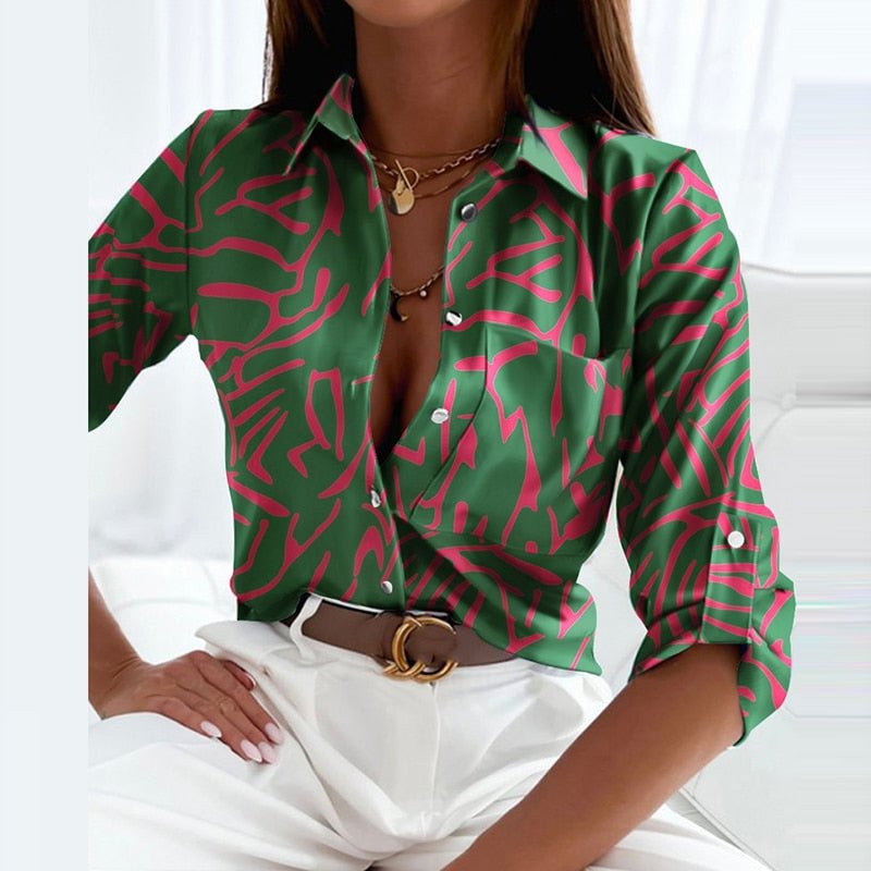 Fenna abstracte print blouse, vooraanzicht groen en roze
