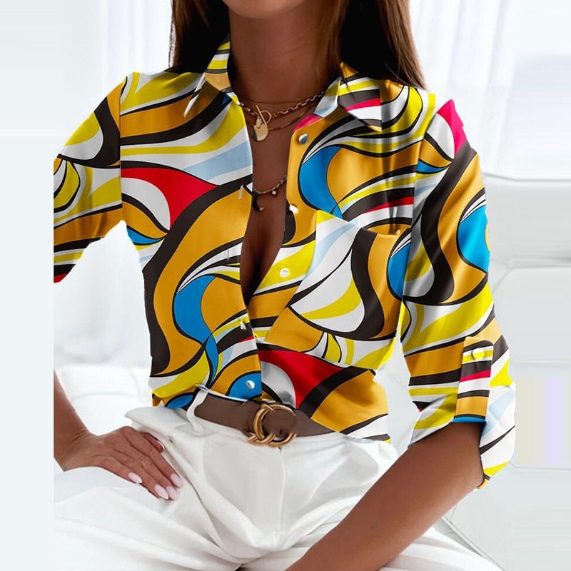 Fenna kleurrijke abstracte print blouse, vooraanzicht geel blauw en rood