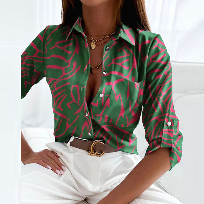Fenna abstracte print blouse, close-up groen en roze
