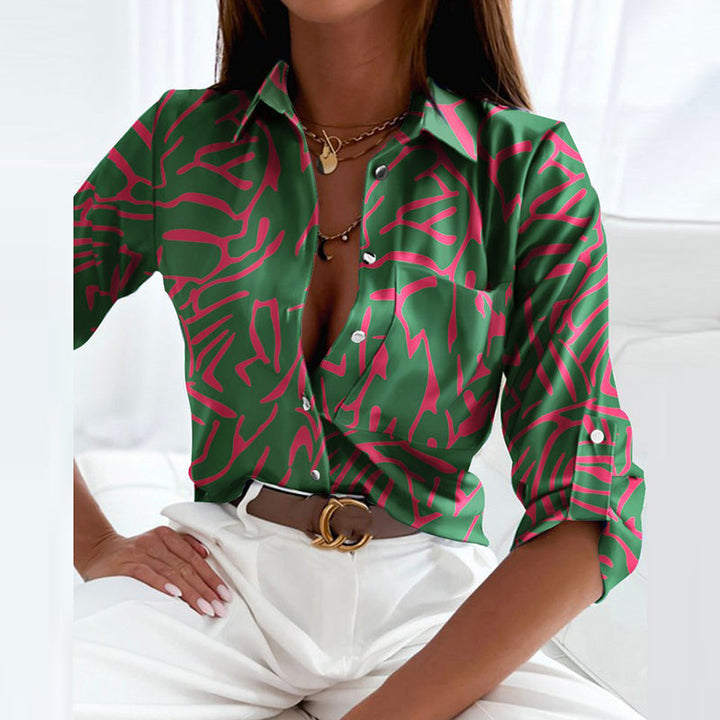 Fenna abstracte print blouse, close-up groen en roze