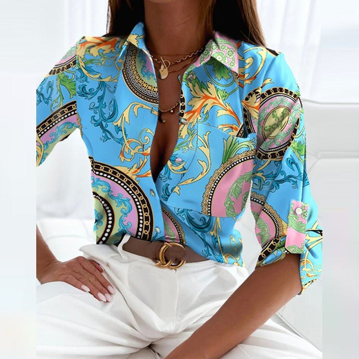 Fenna barok print blouse, vooraanzicht blauw