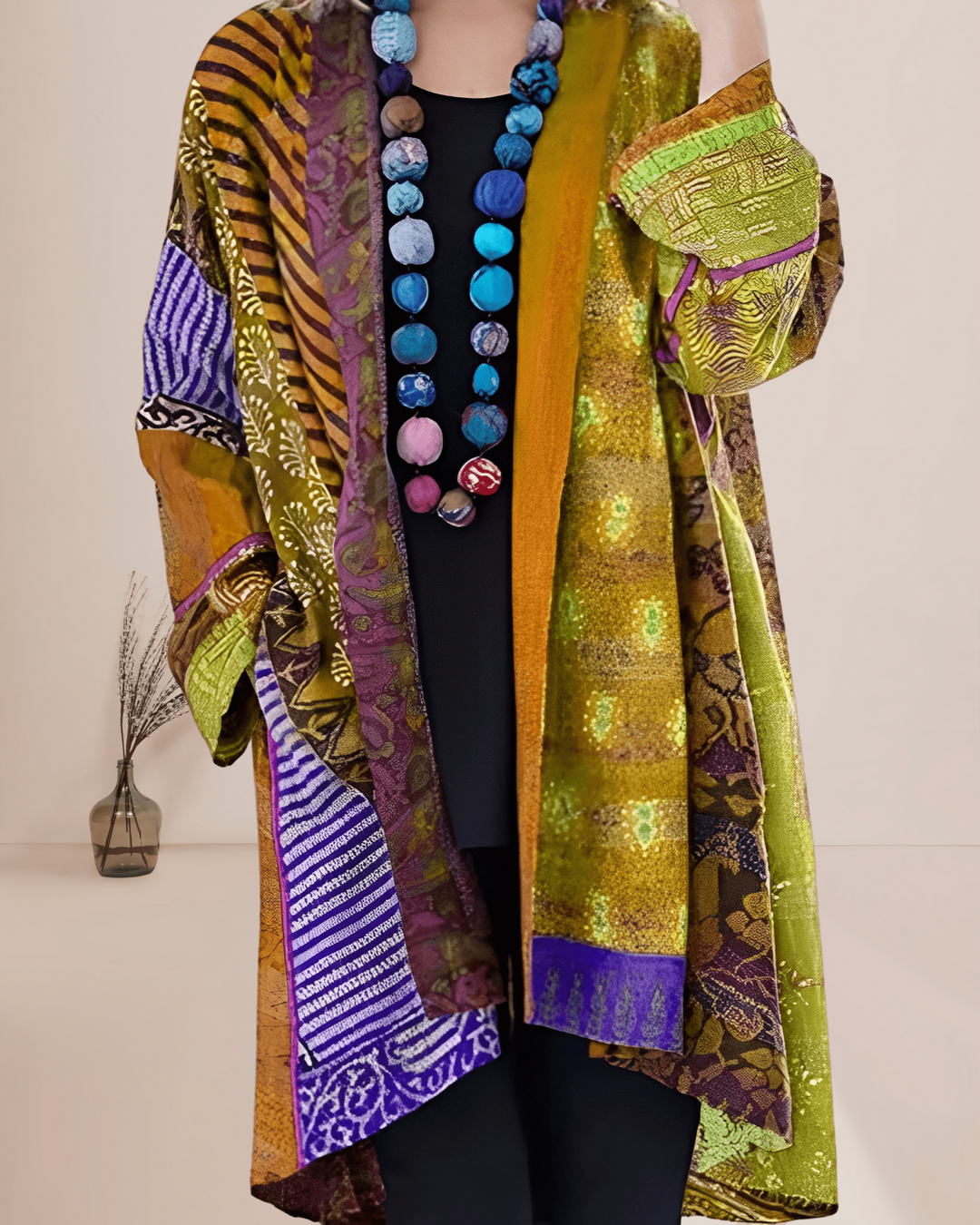 Guusje boho patchwork kimono vest in okergeel en groen tinten, vooraanzicht