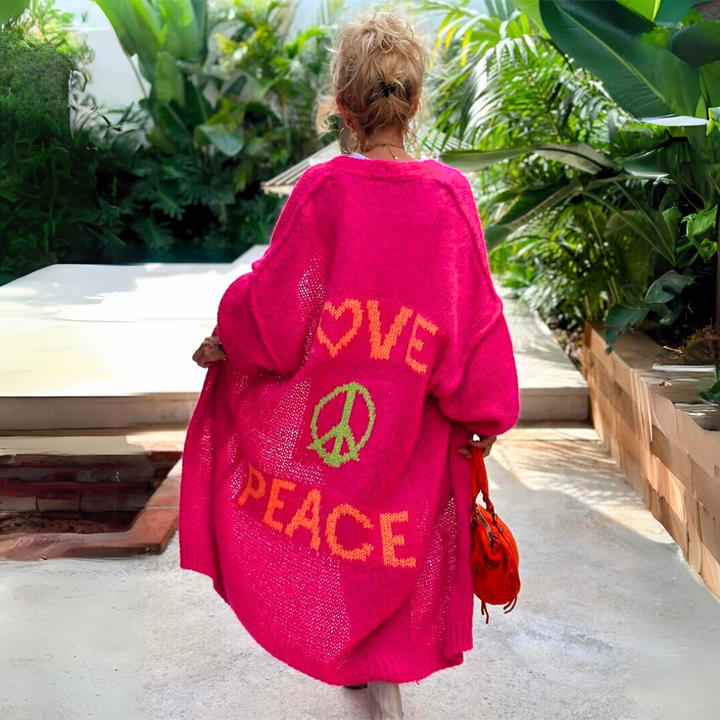 Isolde lang roze vest met Love Peace print, achteraanzicht