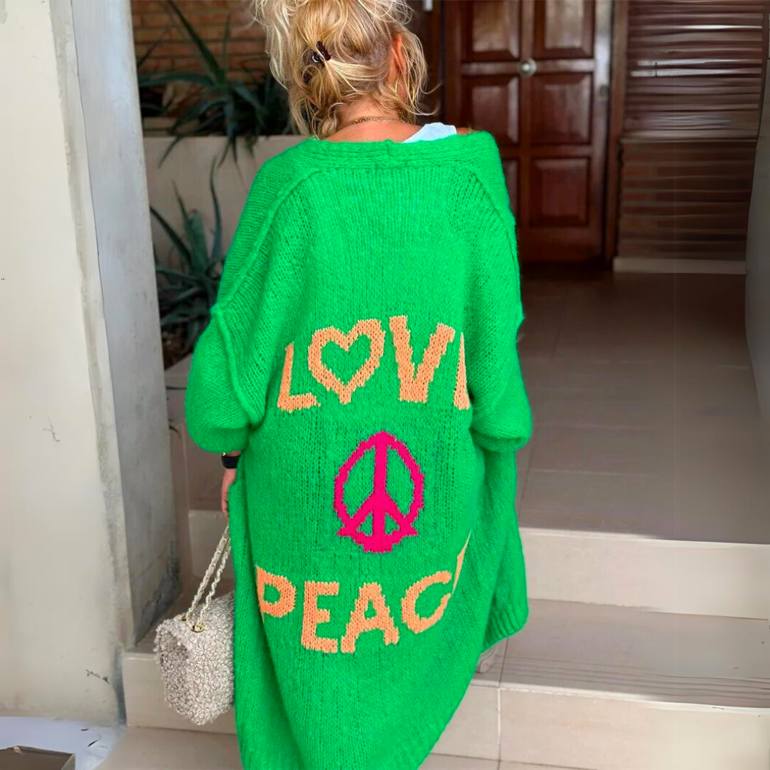 Isolde lang groen vest met Love Peace print, achteraanzicht