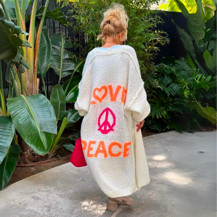 Isolde lang wit vest met Love Peace print, achteraanzicht