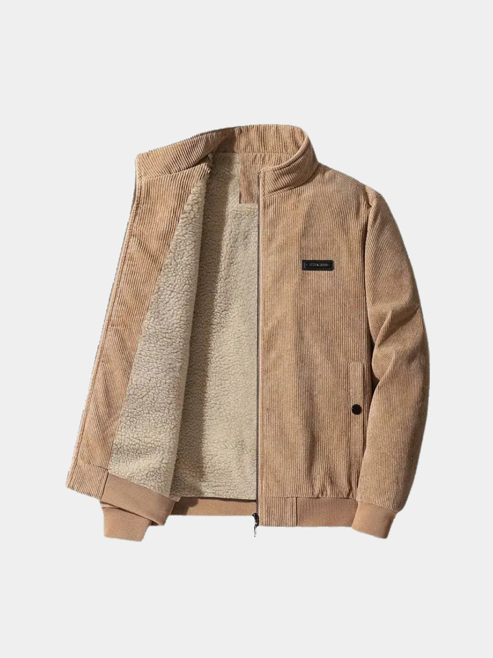 Laurent fleece gevoerde corduroy winterjas open, vooraanzicht met fleece voering zichtbaar