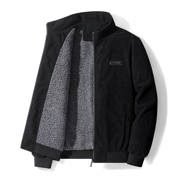 Laurent zwarte corduroy winterjas heren, open vooraanzicht met grijze fleece voering