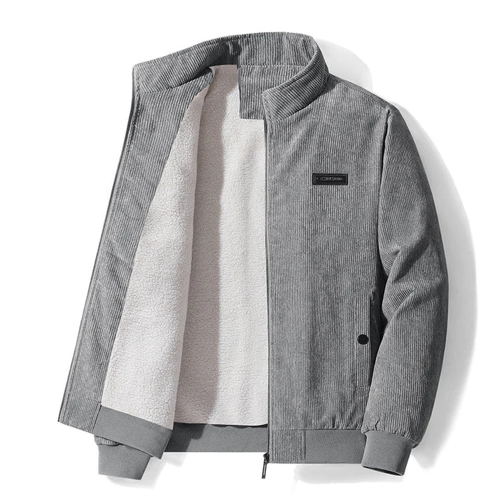Laurent grijze corduroy winterjas heren, open vooraanzicht met crème fleece voering