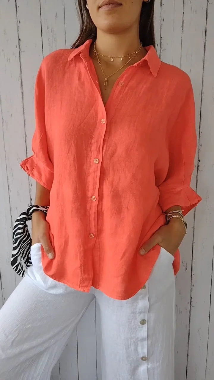 Marit koraalkleurige blouse detailfoto vooraanzicht