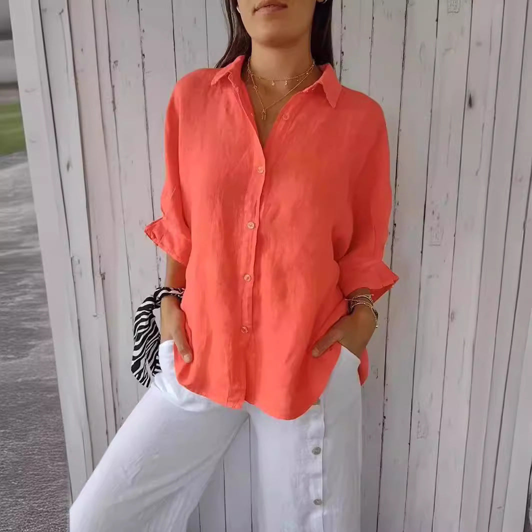 Marit koraalkleurige blouse met knoopsluiting, vooraanzicht