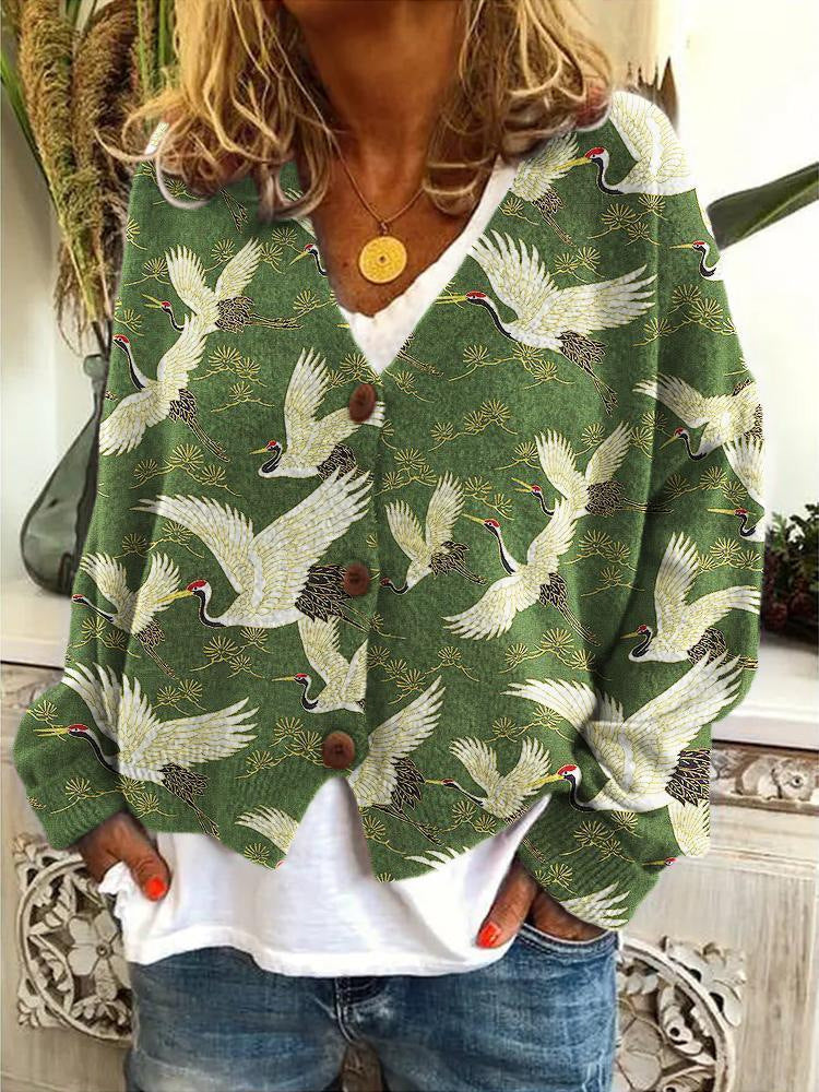 Marloes kraanvogel print vest met knoopsluiting, vooraanzicht
