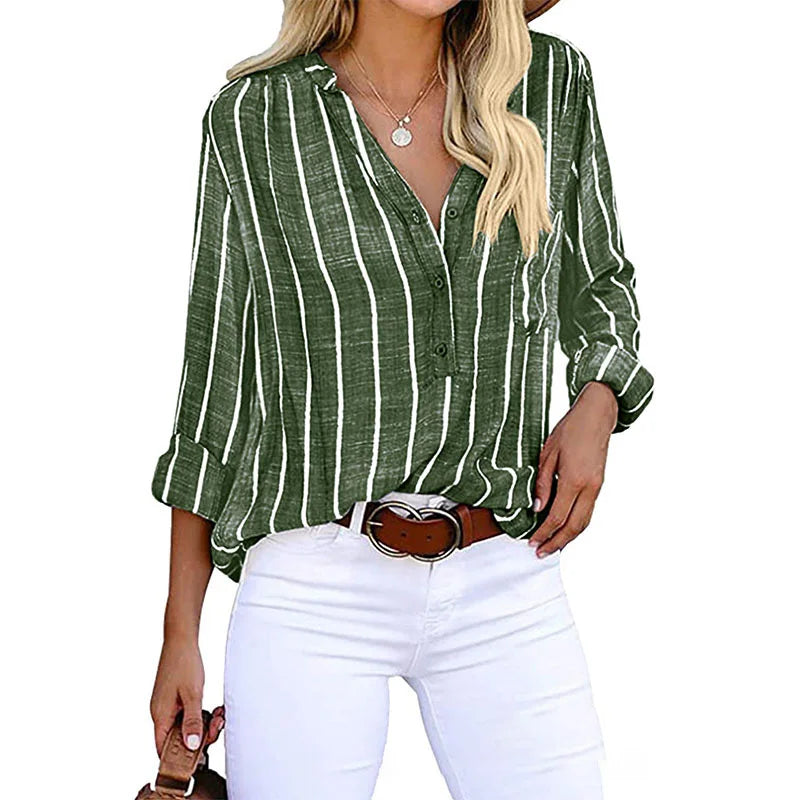 Noor gestreepte V-hals blouse in groen, vooraanzicht