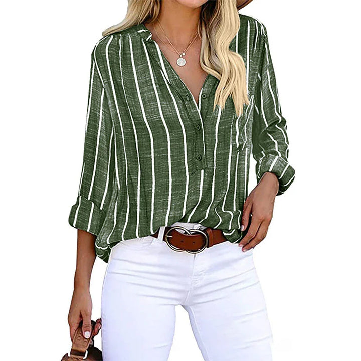 Noor gestreepte V-hals blouse in groen, vooraanzicht