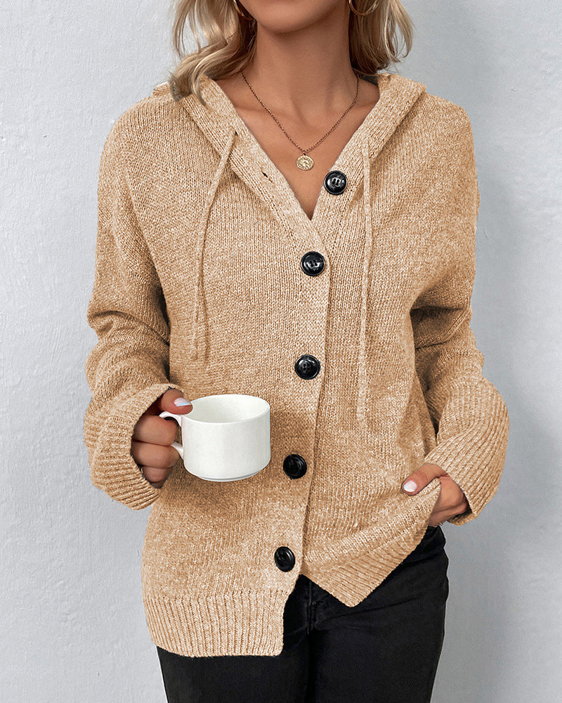 Nora gebreid vest met capuchon in beige, vooraanzicht
