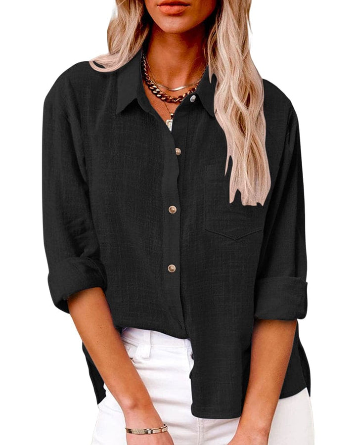 Renske button down blouse in zwart, vooraanzicht