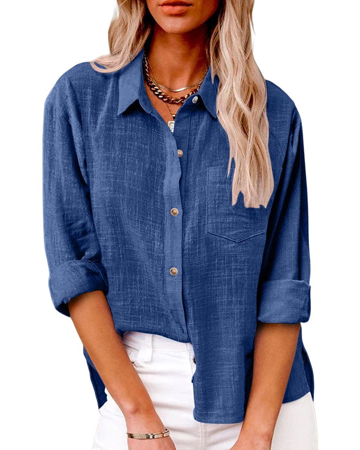 Renske button down blouse in blauw, vooraanzicht