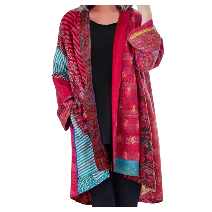 Wietske roze patchwork vest, gedragen vooraanzicht
